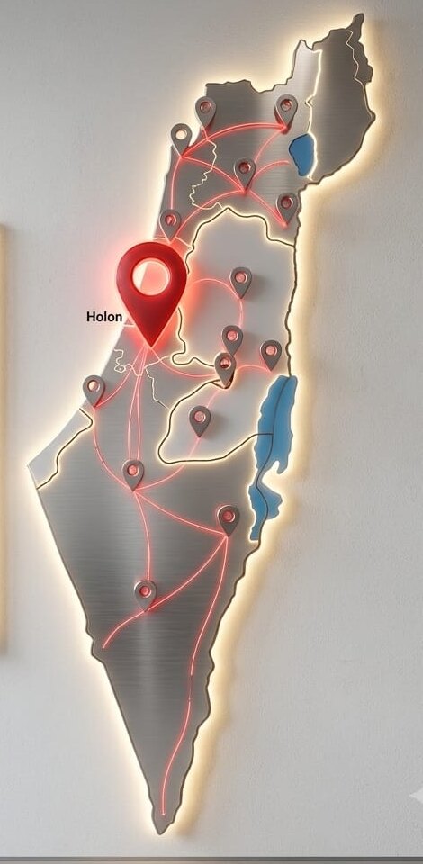 מפת ישראל עם נקודות פריסה ומטה ראשי בחולון
