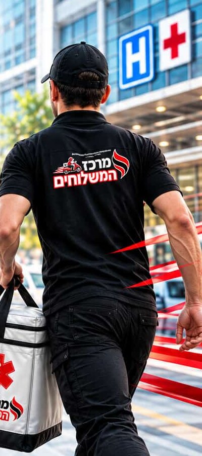 שליח של מרכז המשלוחים עם תיק קירור רפואי בכניסה לבית חולים